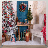 Aperturee - Aperturee Wreath Blue Door Christmas Tree Pillow Case Backdrop